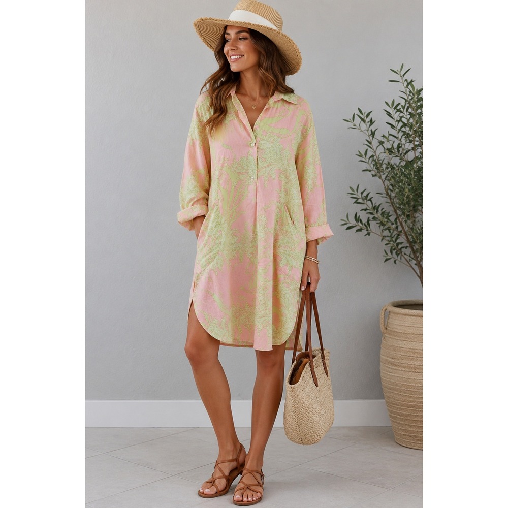 Modaposa Gabriella Pink Lime Green Paisley Cotton Shirt Dress Size L 22087M3